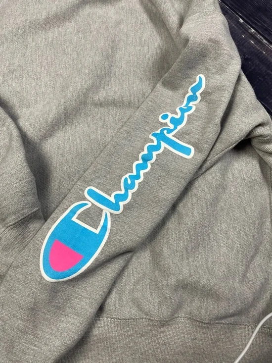 Champion Gray Reverse Weave Neon Multi-Logo Big C Hoodie Size Medium - Picture 7 of 12